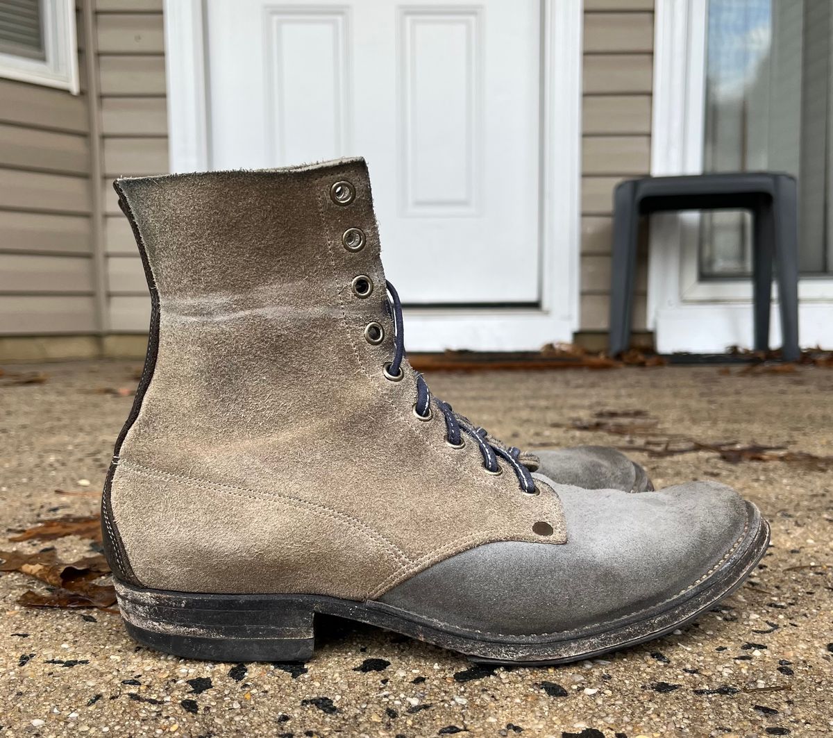 Photo by Emily on March 4, 2026 of the NF Bootmaker Belmont Boot in C.F. Stead Milkshake Desert Oasis Suede & C.F. Stead Flint Kudu & Horween Washed Black Chromexcel & C.F. Stead Storm Suede.
