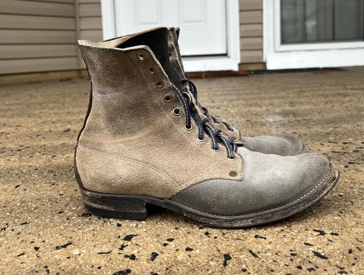 Photo by Emily on April 5, 2026 of the NF Bootmaker Belmont Boot in C.F. Stead Milkshake Desert Oasis Suede & C.F. Stead Flint Kudu & Horween Washed Black Chromexcel & C.F. Stead Storm Suede.