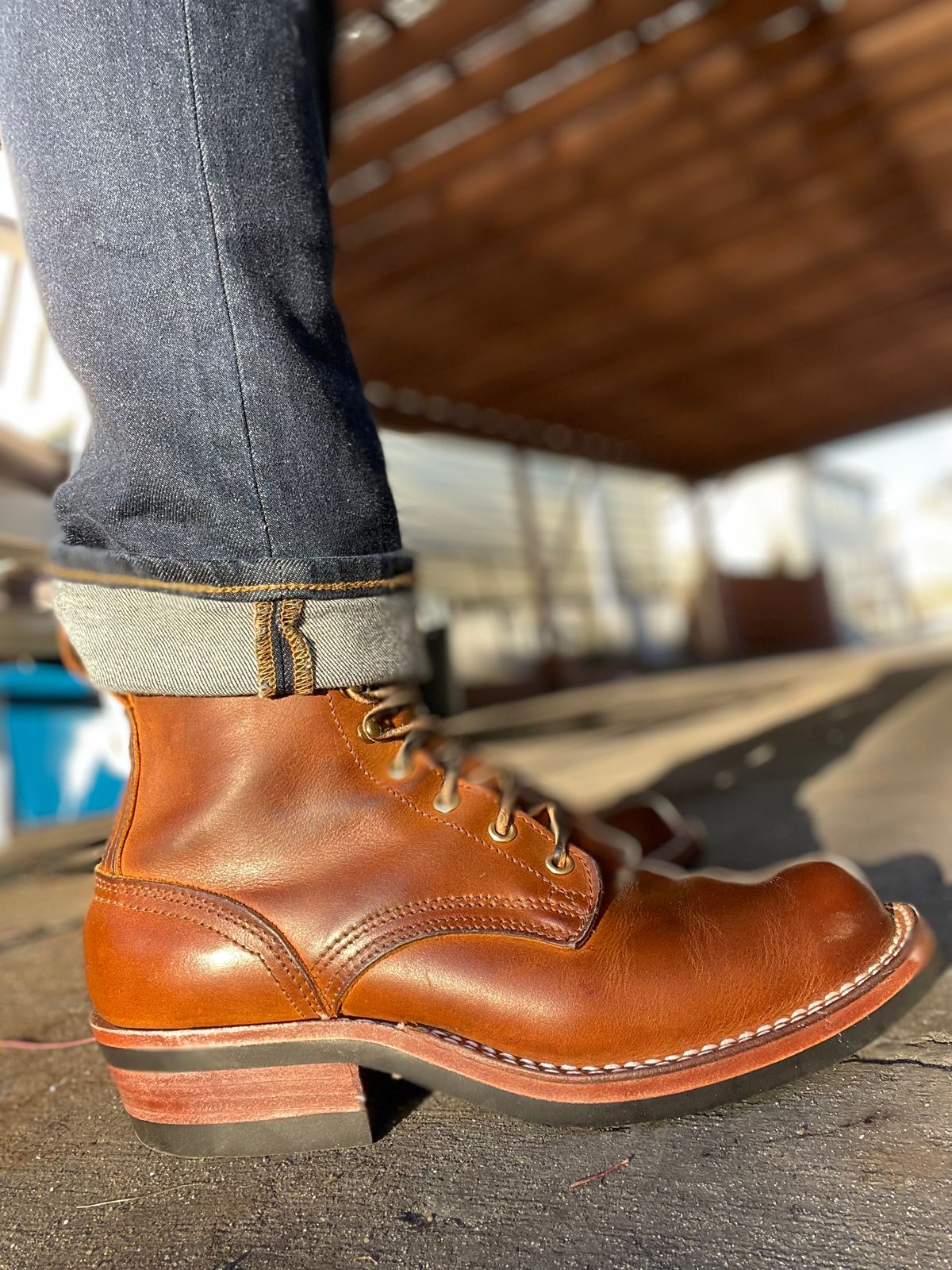 Photo by Josephjay21 on February 5, 2022 of the Nicks Handmade Boots Robert Boot in Horween Orange Predator.