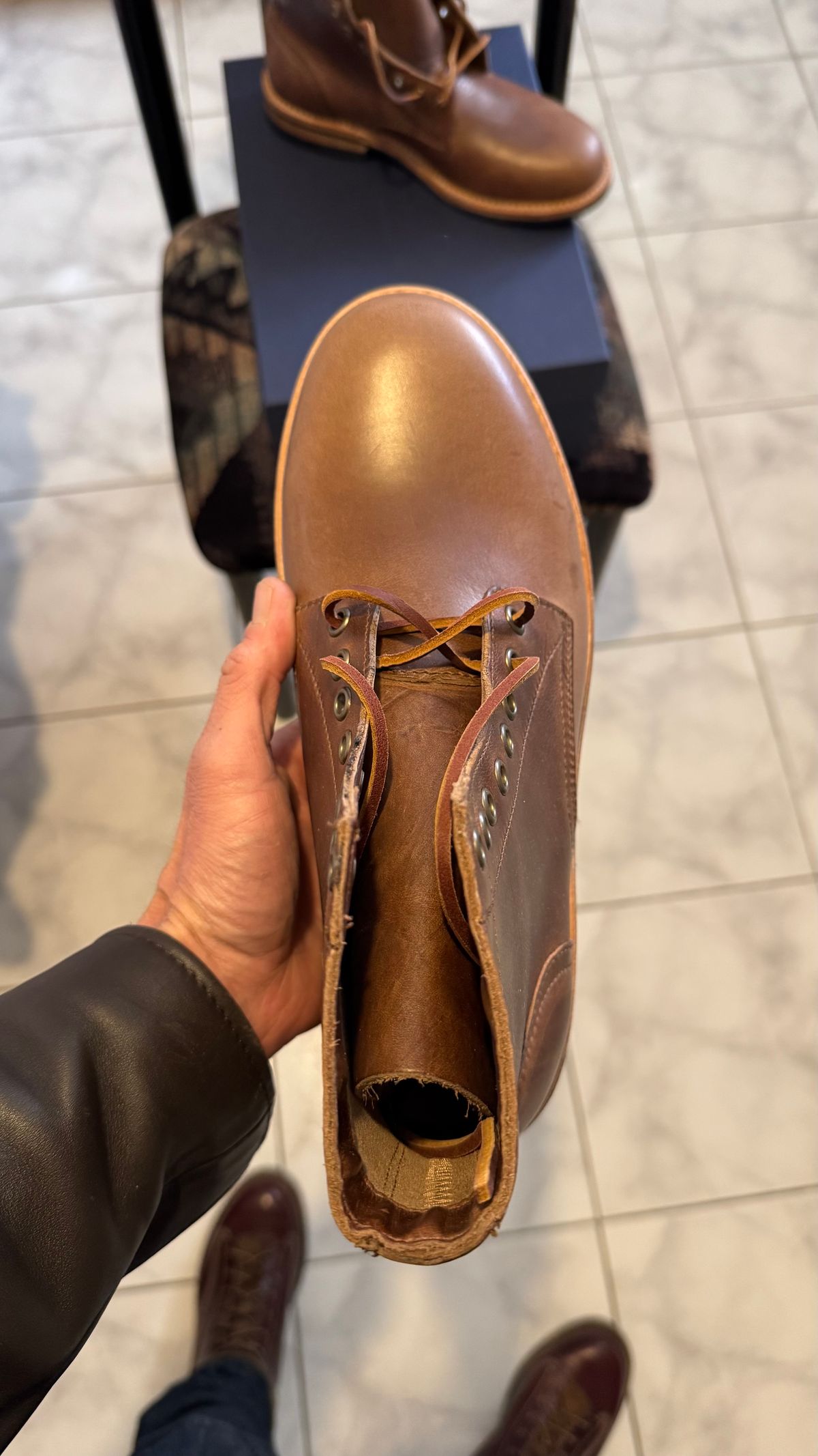 Photo by Josephjay21 on March 25, 2025 of the Oak Street Bootmakers Trench Boot in Horween Natural Chromexcel.