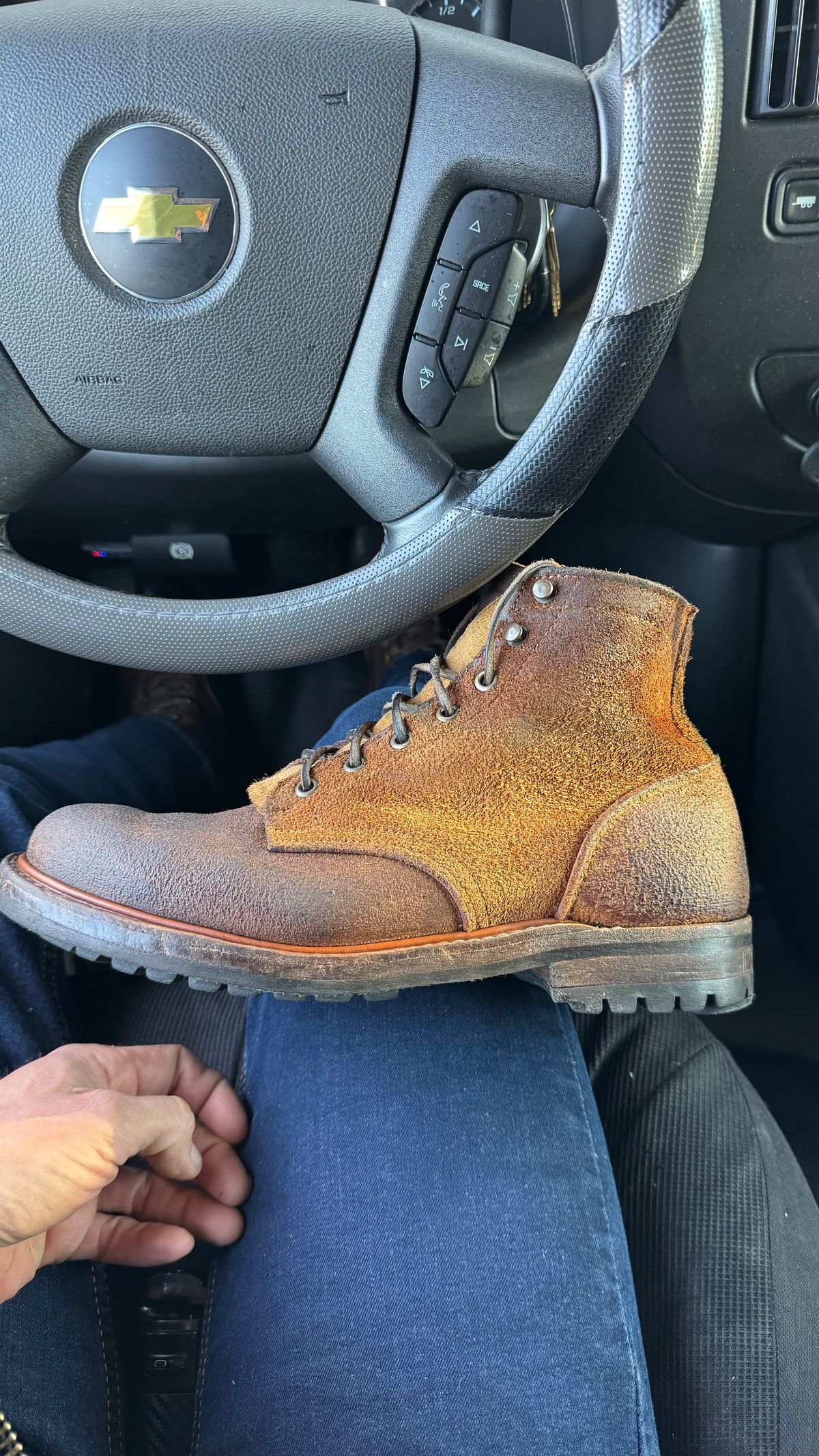 Photo by Josephjay21 on March 21, 2025 of the Truman Plain Toe Boot in Cattail Grizzly Roughout.