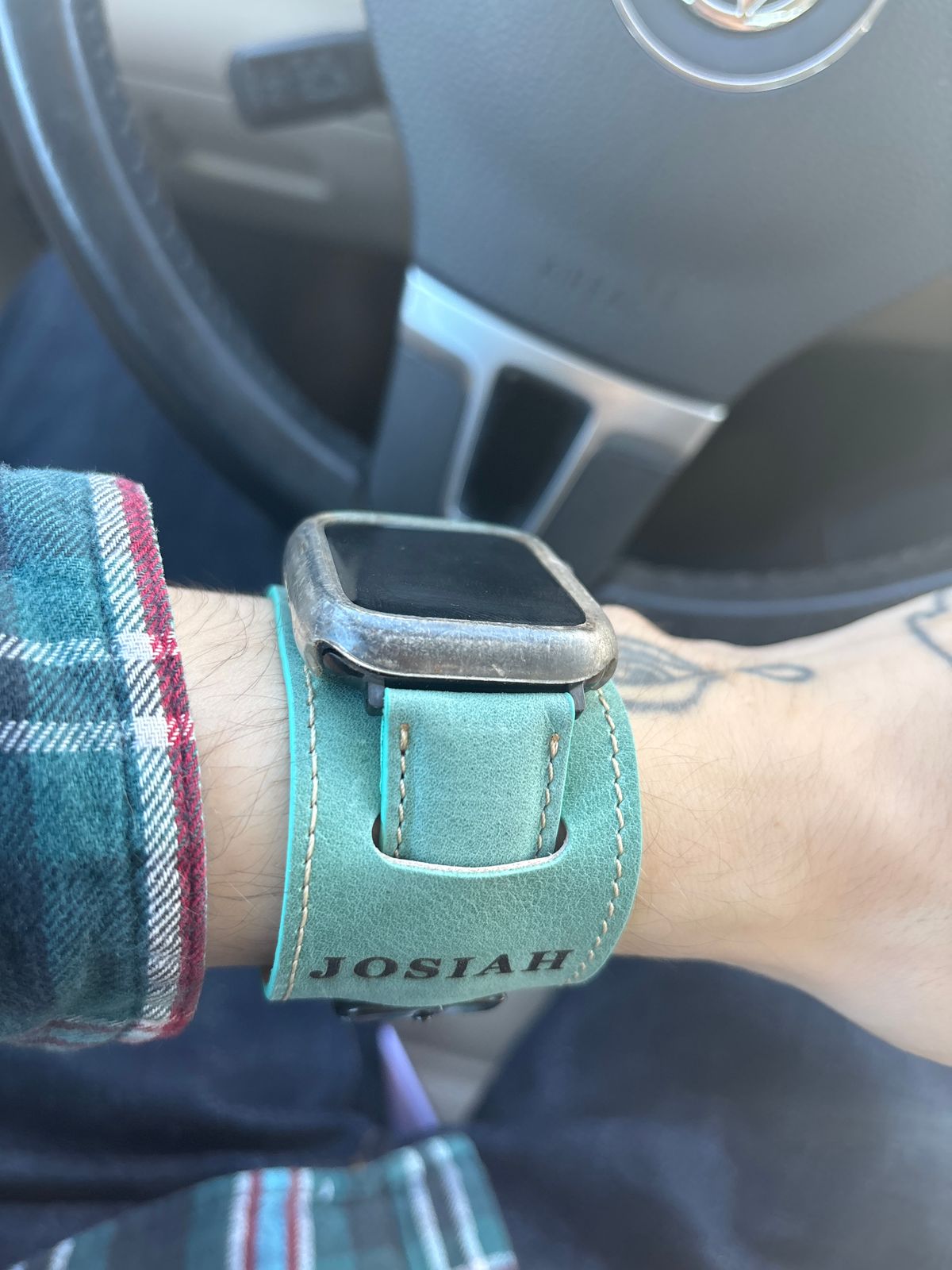 Photo by mylordchanel on October 24, 2025 of the Etsy Apple Watch Strap in Turqoise Cowhide.