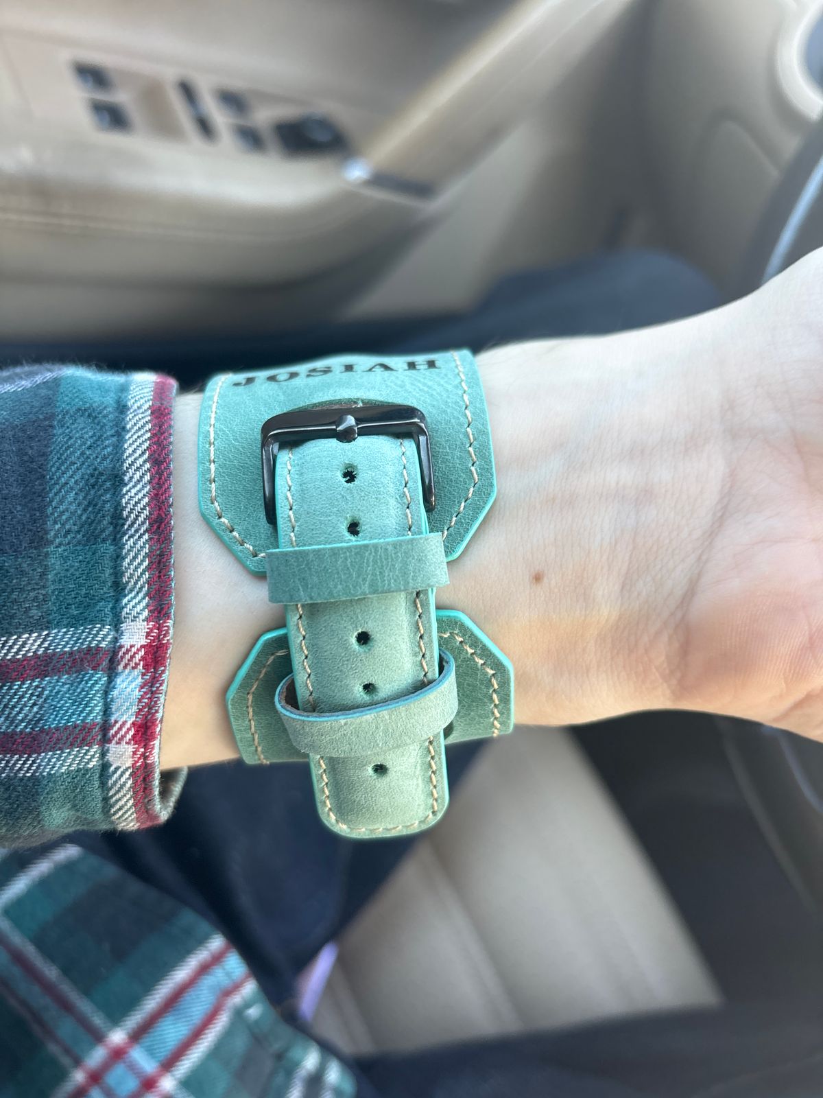 Photo by mylordchanel on October 24, 2025 of the Etsy Apple Watch Strap in Turqoise Cowhide.