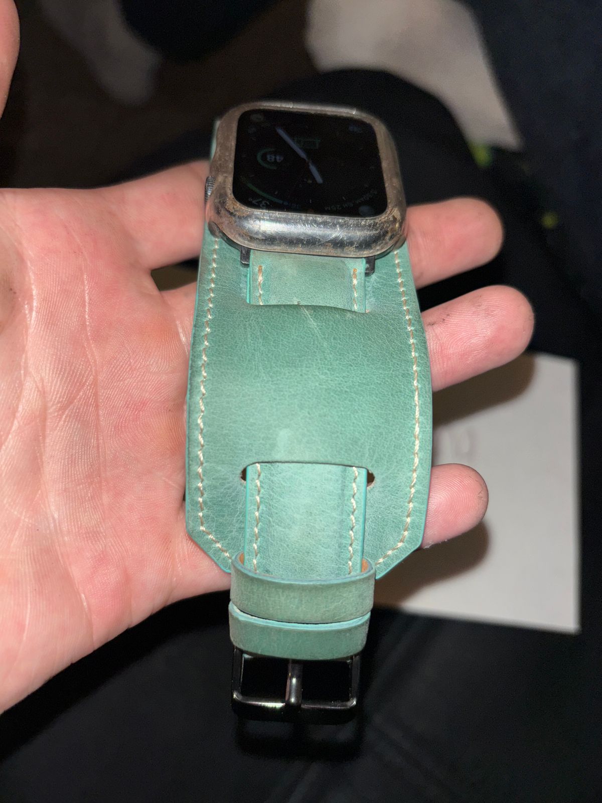 Photo by mylordchanel on November 4, 2025 of the Etsy Apple Watch Strap in Turqoise Cowhide.