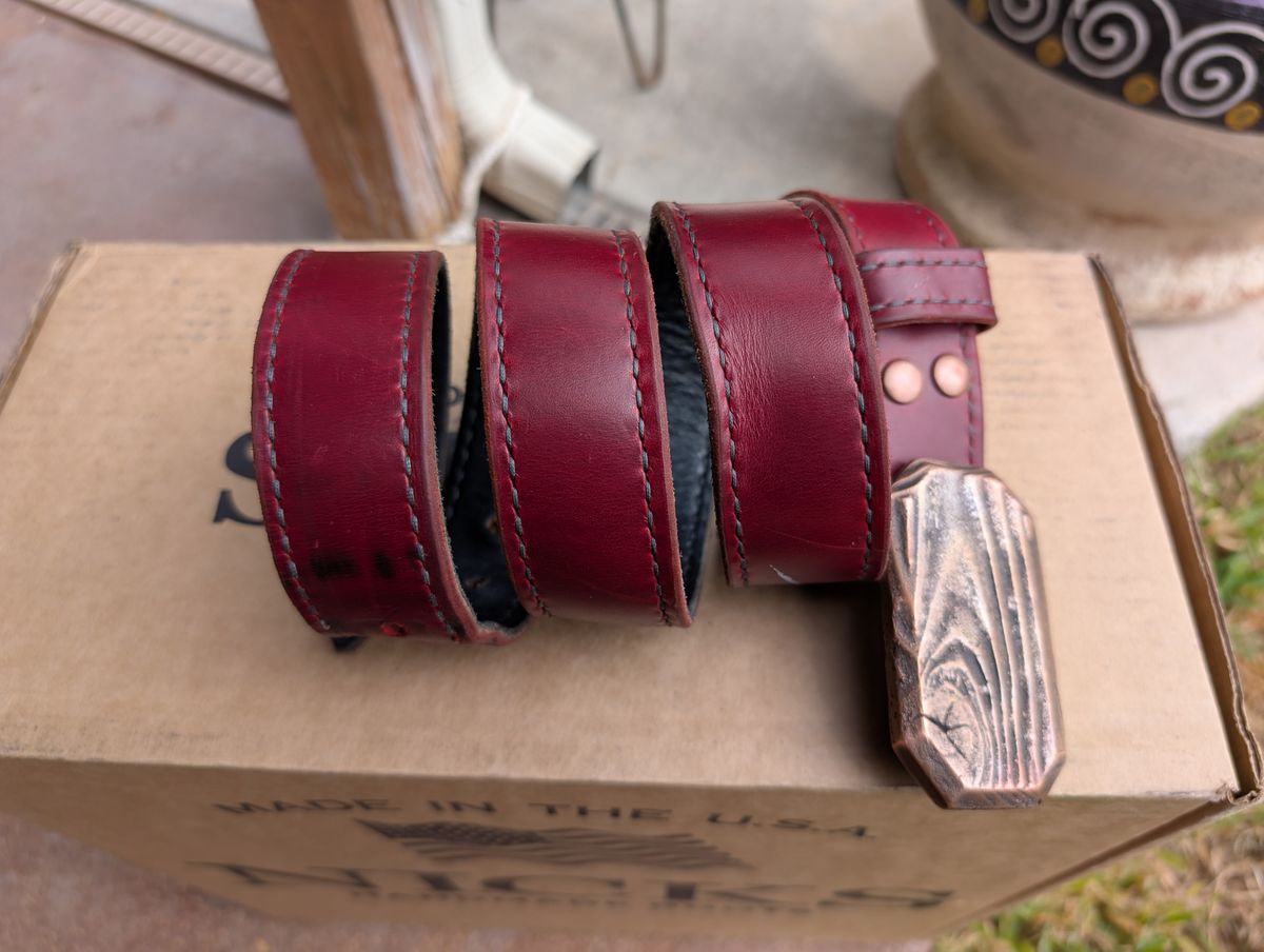Photo by rayminazzi on November 1, 2025 of the Self-Made Picket Belt in Wickett & Craig Crimson Double Stuffed.