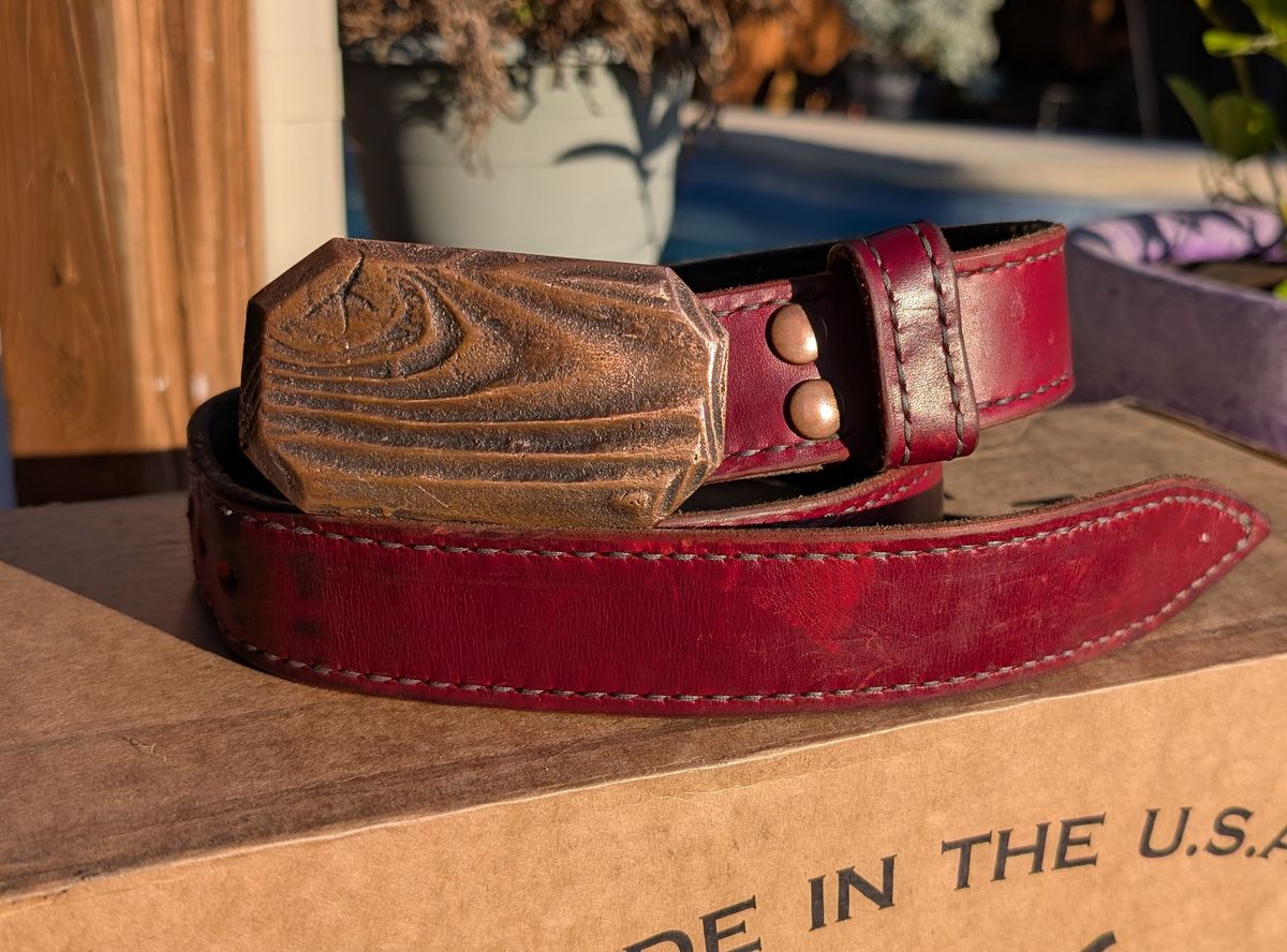 Photo by undertension on December 2, 2025 of the Self-Made Picket Belt in Wickett & Craig Crimson Double Stuffed.