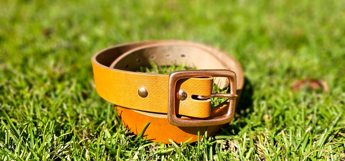 Photo by tastyporkbuns on October 2, 2025 of the Titletowngoods Belt in Baker's London Tan Hatch Grain Bridle.