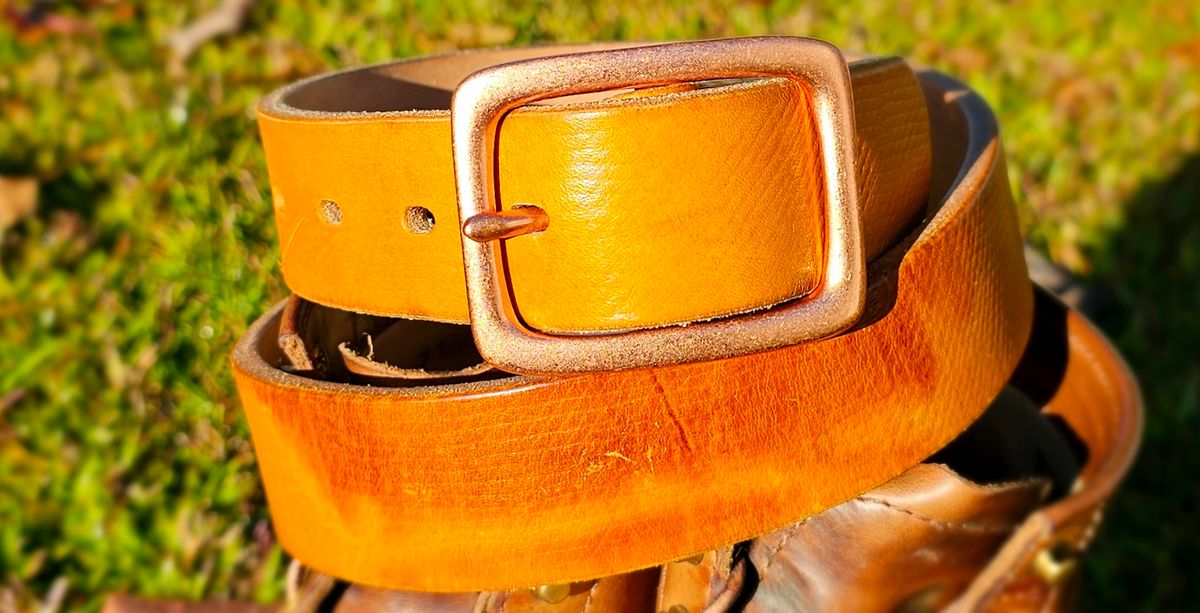 Photo by tastyporkbuns on November 4, 2025 of the Titletowngoods Belt in Baker's London Tan Hatch Grain Bridle.