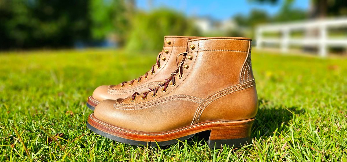 Photo by tastyporkbuns on October 2, 2025 of the John Lofgren Donkey Puncher Boots in Horween Natural Chromexcel.