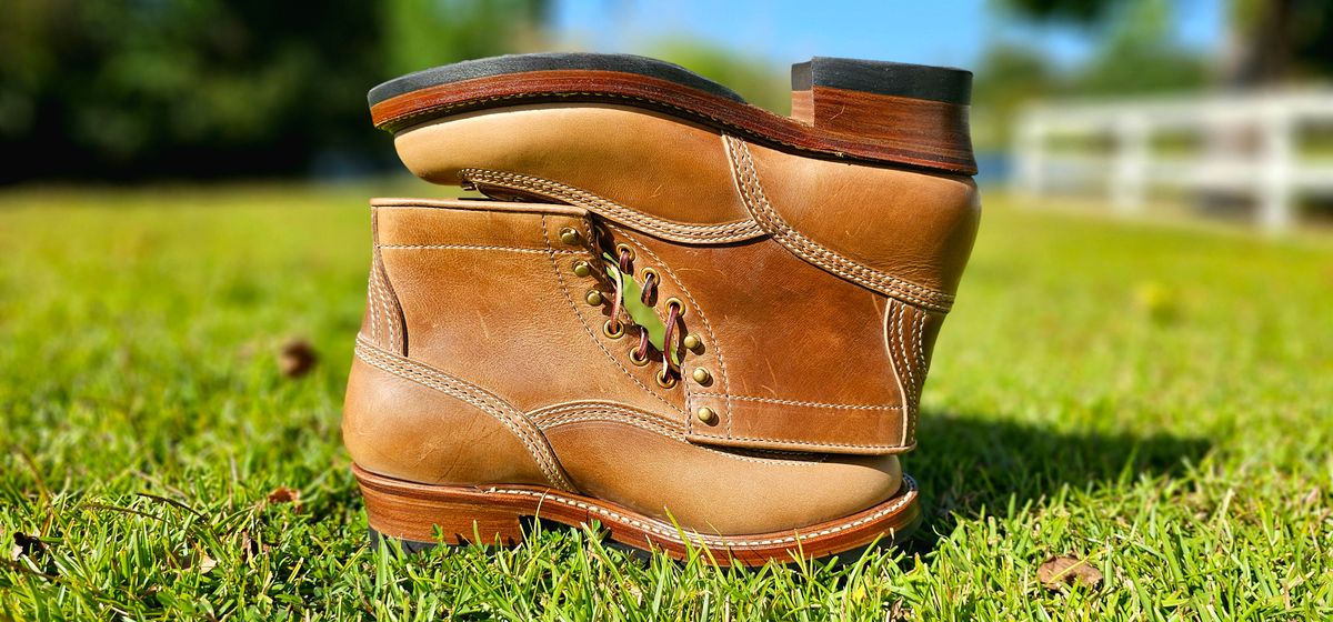 Photo by tastyporkbuns on October 2, 2025 of the John Lofgren Donkey Puncher Boots in Horween Natural Chromexcel.