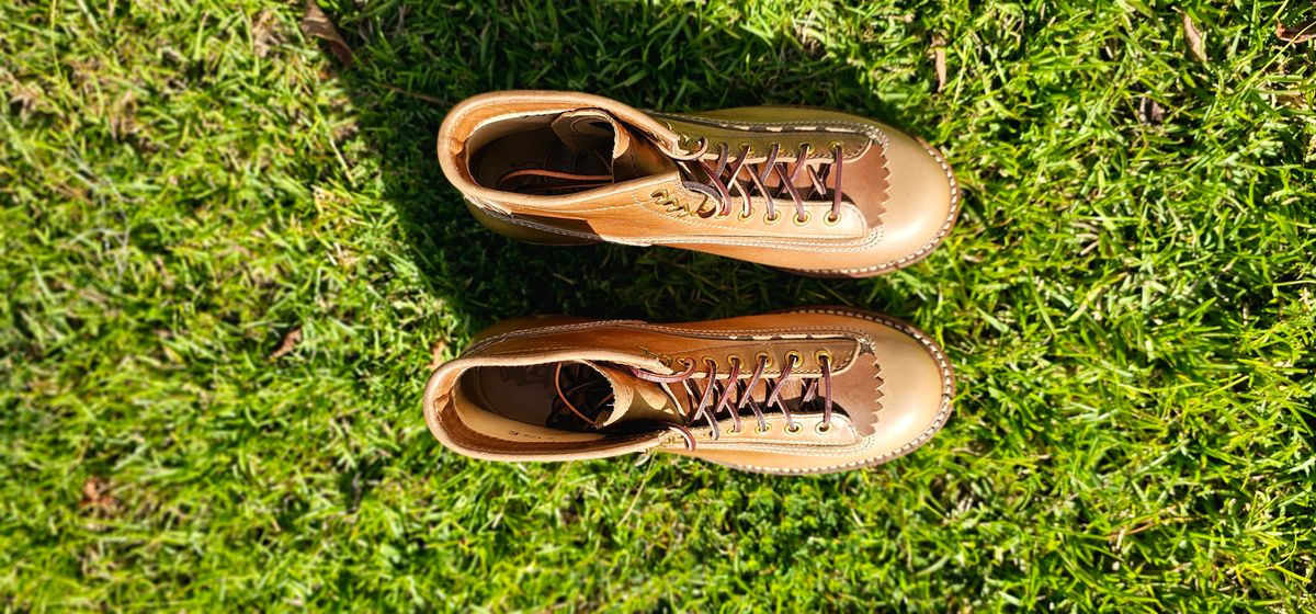 Photo by tastyporkbuns on October 2, 2025 of the John Lofgren Donkey Puncher Boots in Horween Natural Chromexcel.