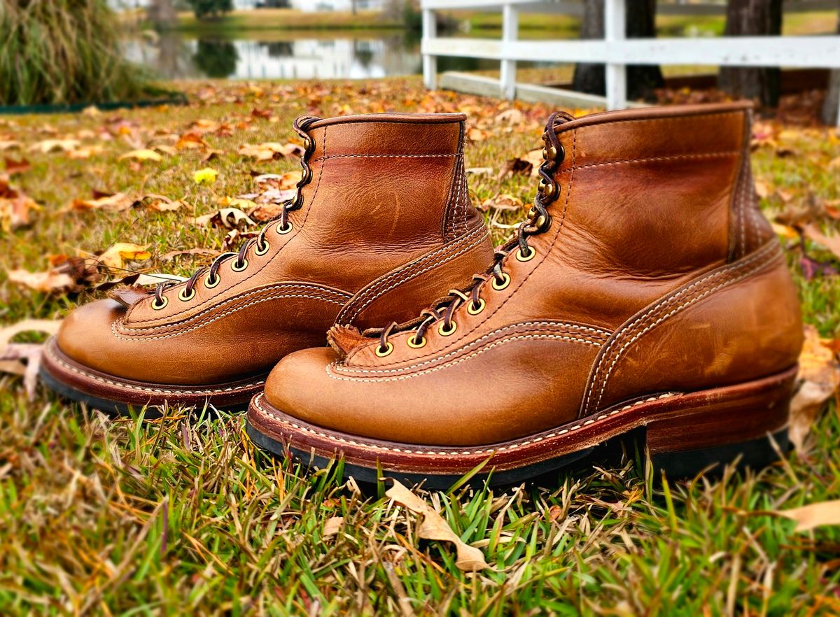 Photo by tastyporkbuns on December 4, 2025 of the John Lofgren Donkey Puncher Boots in Horween Natural Chromexcel.
