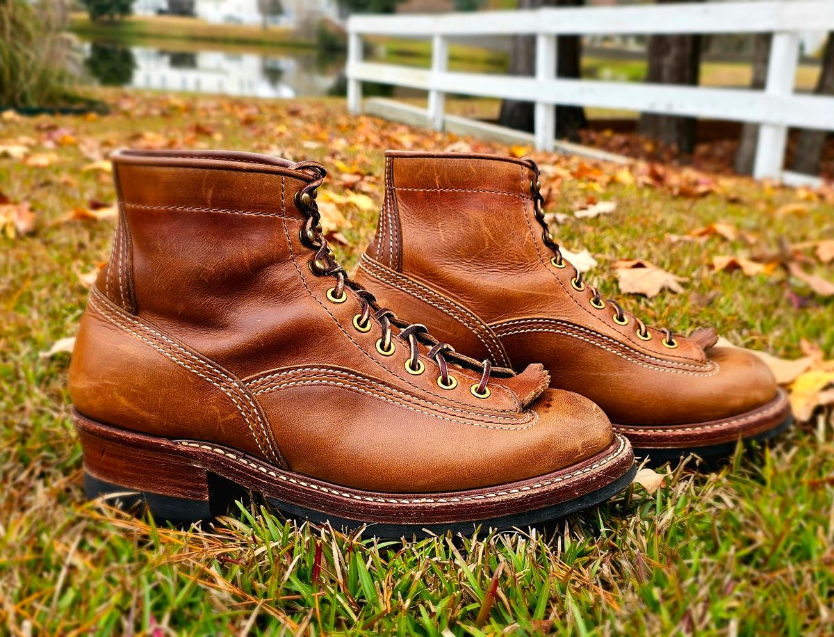 Photo by tastyporkbuns on December 4, 2025 of the John Lofgren Donkey Puncher Boots in Horween Natural Chromexcel.