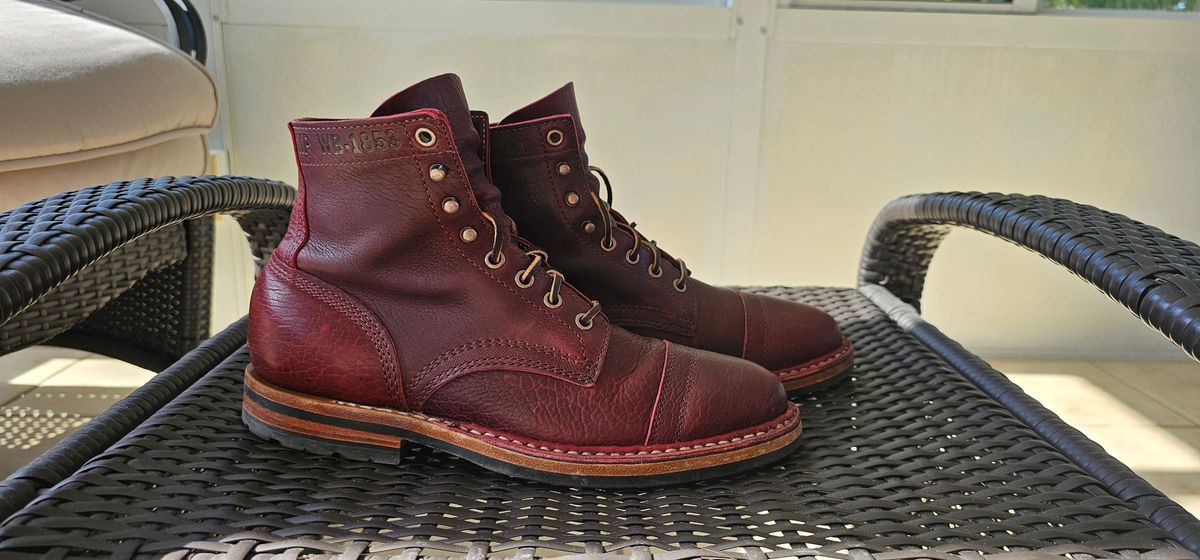 Photo by tastyporkbuns on November 4, 2024 of the White's MP-Sherman Toe Cap in Gallun Leathers Shrunken Calf in Black Cherry.