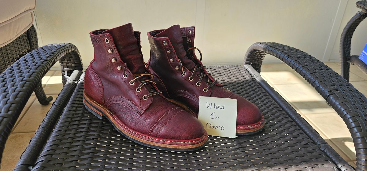 Photo by tastyporkbuns on November 4, 2024 of the White's MP-Sherman Toe Cap in Gallun Leathers Shrunken Calf in Black Cherry.