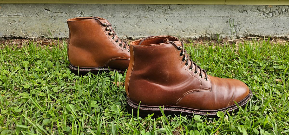 Photo by tastyporkbuns on May 8, 2025 of the Grant Stone Edward Boot in Horween Honey Glazed Shell Cordovan.
