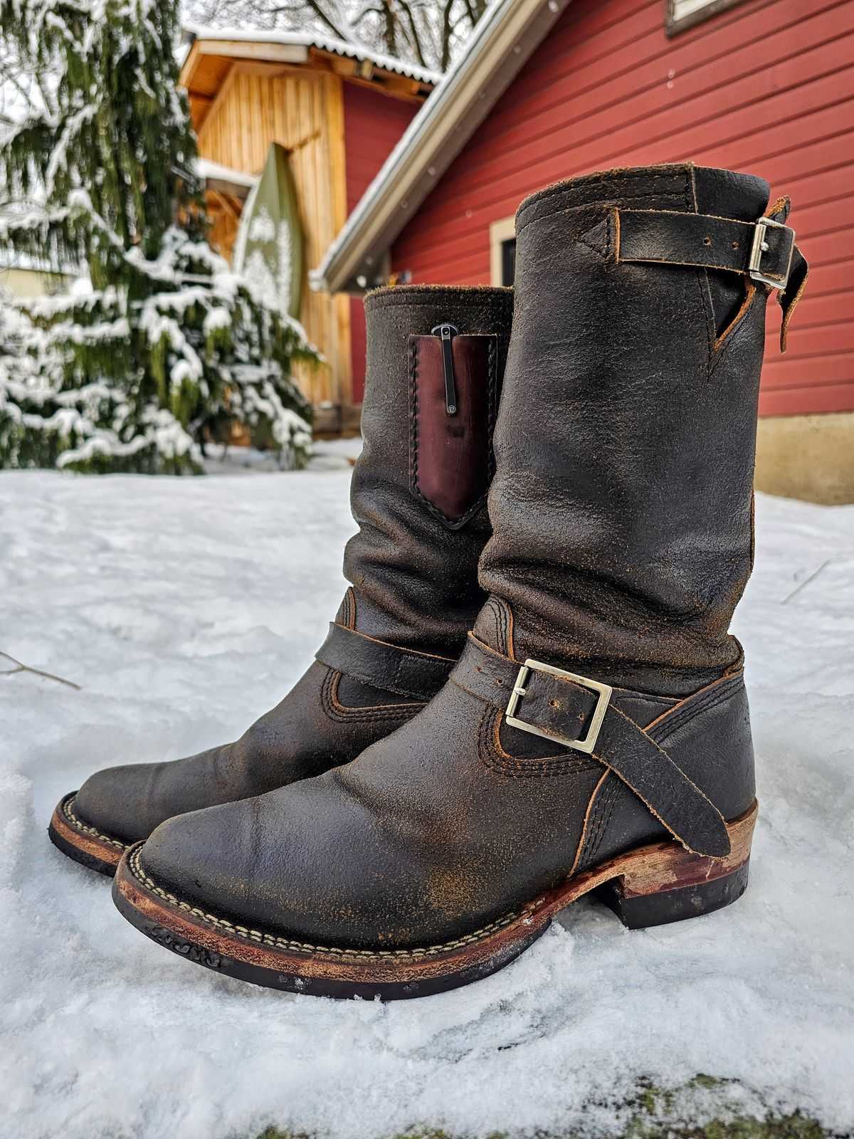 Photo by DaveWilkes on December 5, 2024 of the Wesco Standard And Strange Collab: The Quick Striker in Horween Olive Waxed Flesh.