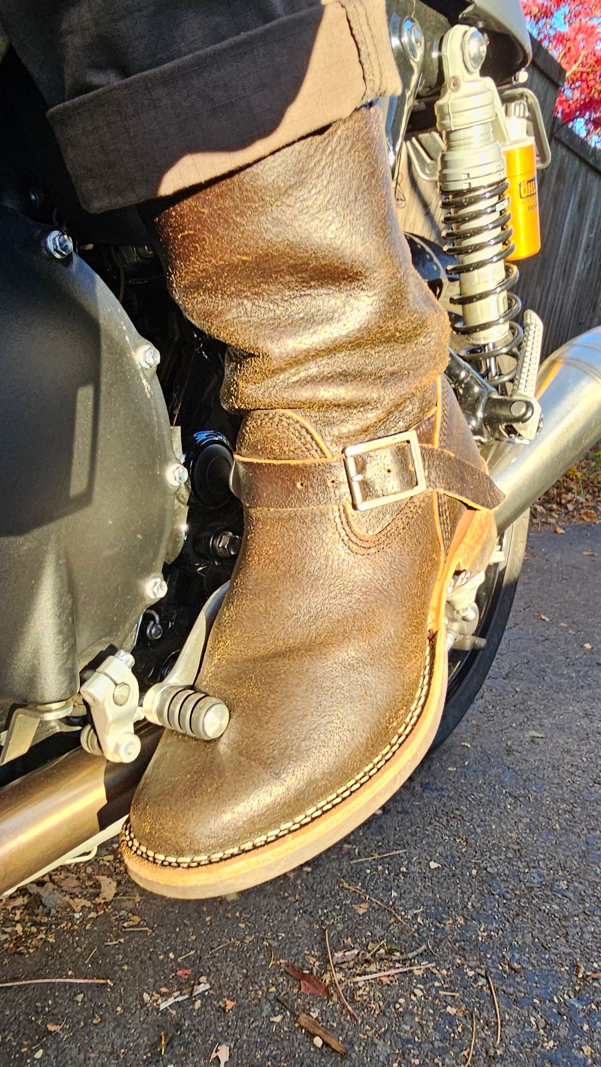 Photo by DaveWilkes on November 5, 2024 of the Wesco Standard And Strange Collab: The Quick Striker in Horween Olive Waxed Flesh.