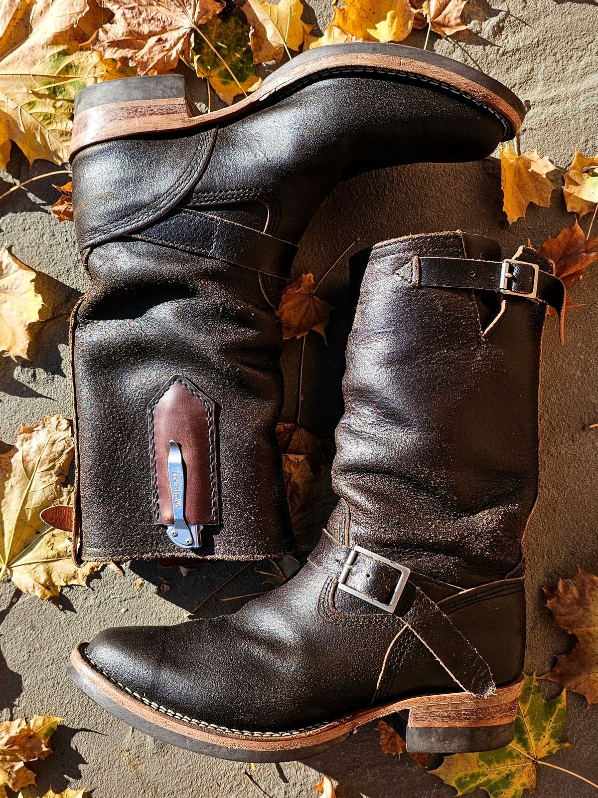 Photo by DaveWilkes on November 5, 2024 of the Wesco Standard And Strange Collab: The Quick Striker in Horween Olive Waxed Flesh.