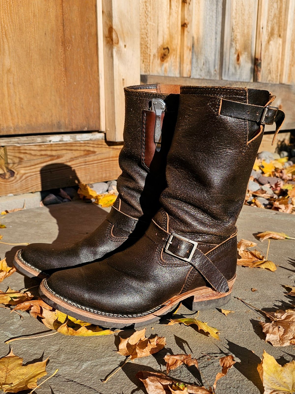 Photo by DaveWilkes on November 5, 2024 of the Wesco Standard And Strange Collab: The Quick Striker in Horween Olive Waxed Flesh.