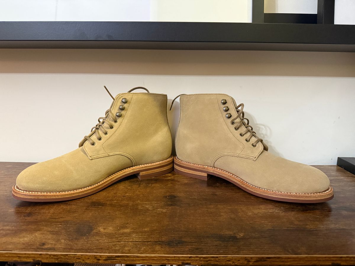 Photo by Shabazkilla on March 8, 2025 of the Grant Stone Edward Boot in C.F. Stead Tan Repello Calf Suede.