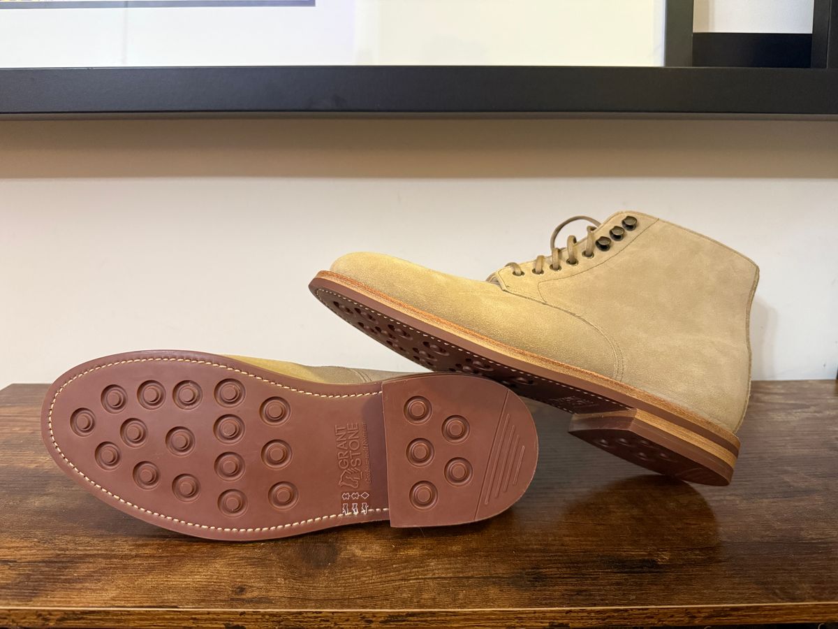 Photo by Shabazkilla on March 8, 2025 of the Grant Stone Edward Boot in C.F. Stead Tan Repello Calf Suede.