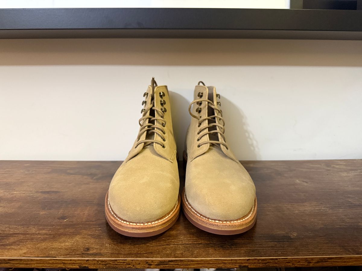 Photo by Shabazkilla on March 8, 2025 of the Grant Stone Edward Boot in C.F. Stead Tan Repello Calf Suede.