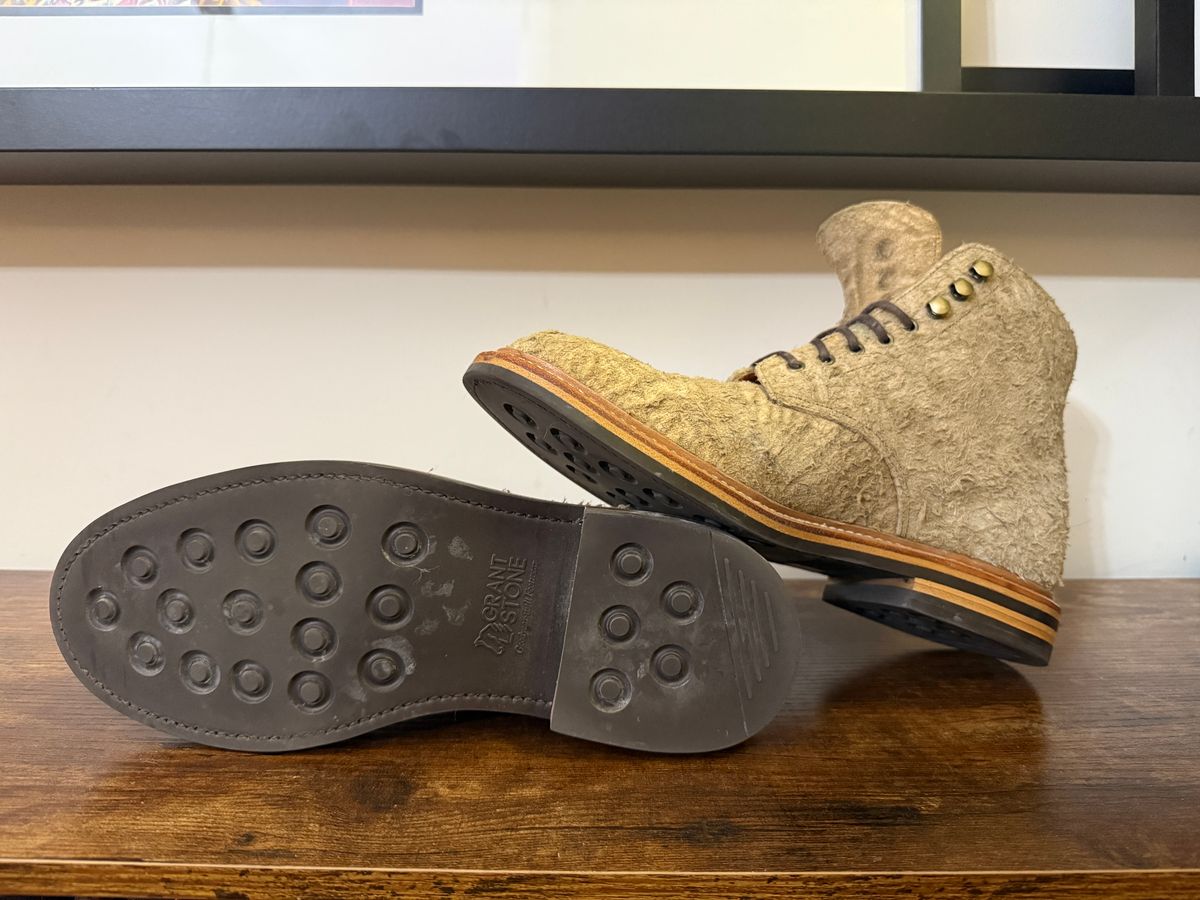 Photo by Shabazkilla on March 8, 2025 of the Grant Stone Edward Boot in C.F. Stead Milkshake Rough Suede.