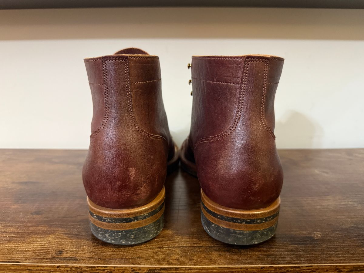 Photo by Shabazkilla on March 8, 2025 of the Iron Boots Devil Dog in Maryam Burgundy Hand-Dyed Horsehide.