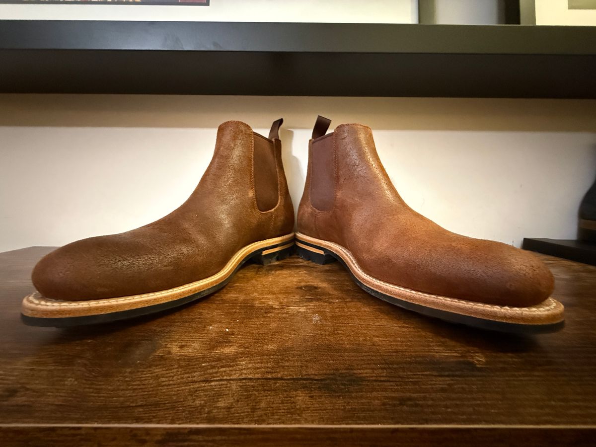Photo by Shabazkilla on October 13, 2025 of the Grant Stone Chelsea Boot in C.F. Stead Dark Oak Roughout.