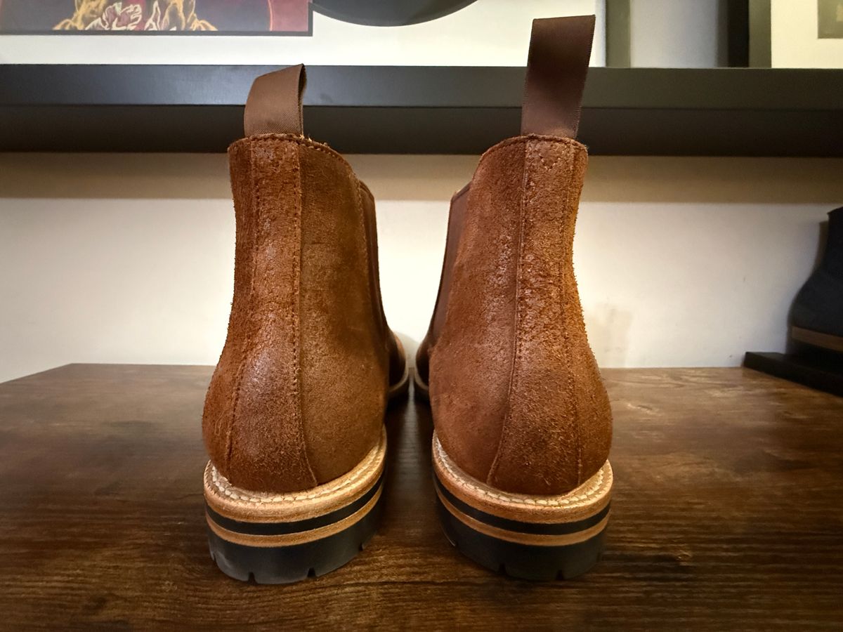 Photo by Shabazkilla on October 13, 2025 of the Grant Stone Chelsea Boot in C.F. Stead Dark Oak Roughout.