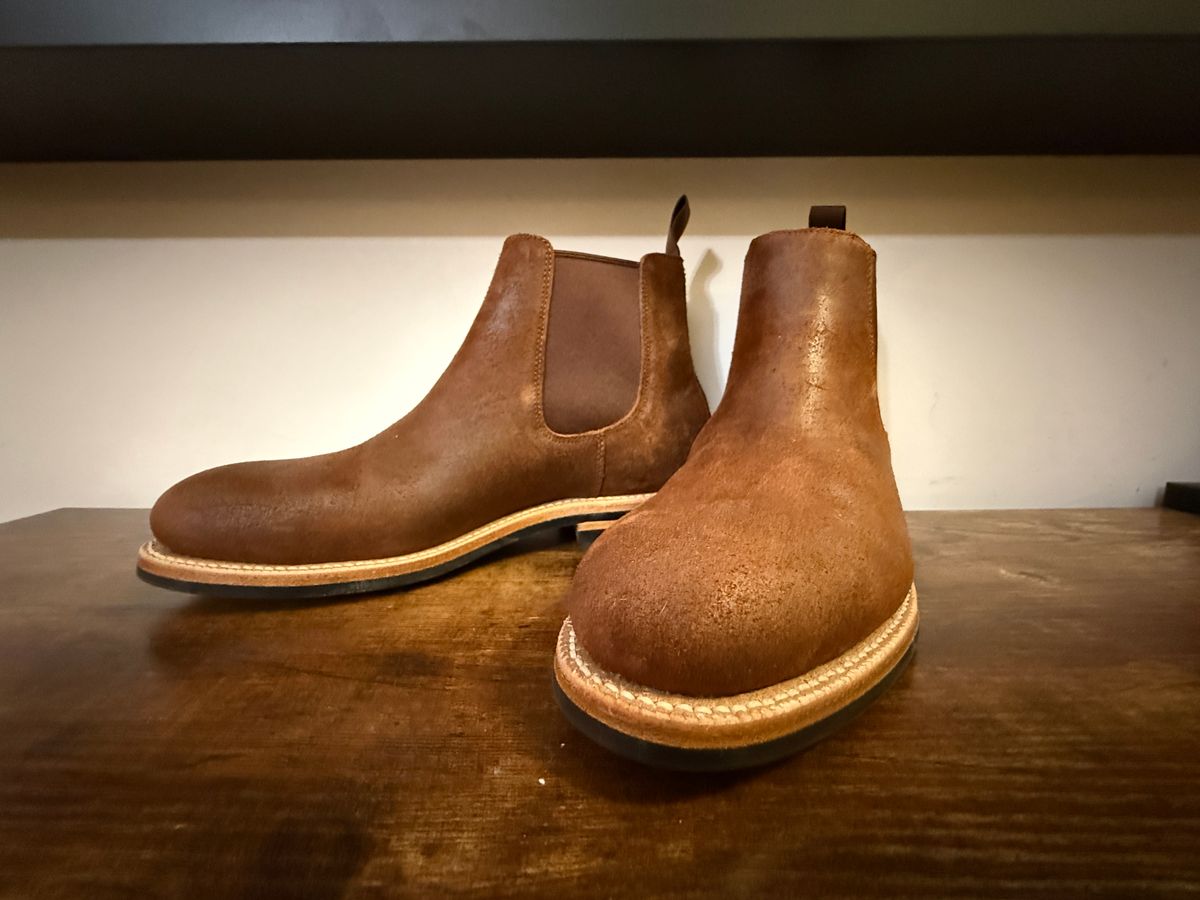 Photo by Shabazkilla on October 13, 2025 of the Grant Stone Chelsea Boot in C.F. Stead Dark Oak Roughout.