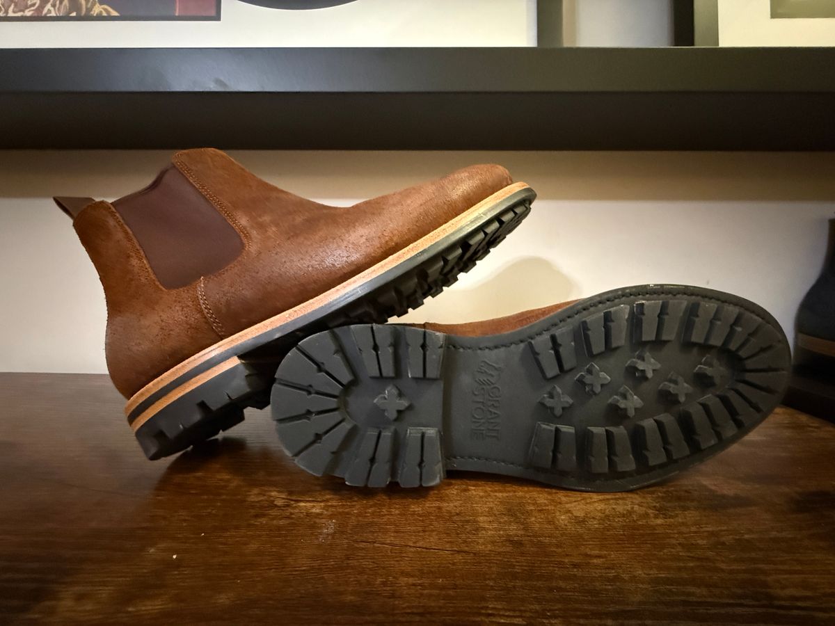 Photo by Shabazkilla on October 13, 2025 of the Grant Stone Chelsea Boot in C.F. Stead Dark Oak Roughout.