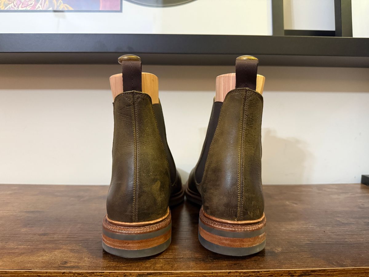 Photo by Shabazkilla on March 8, 2025 of the Meermin Wholecut Chelsea Boot in C.F. Stead Caper Green Waxy Kudu.