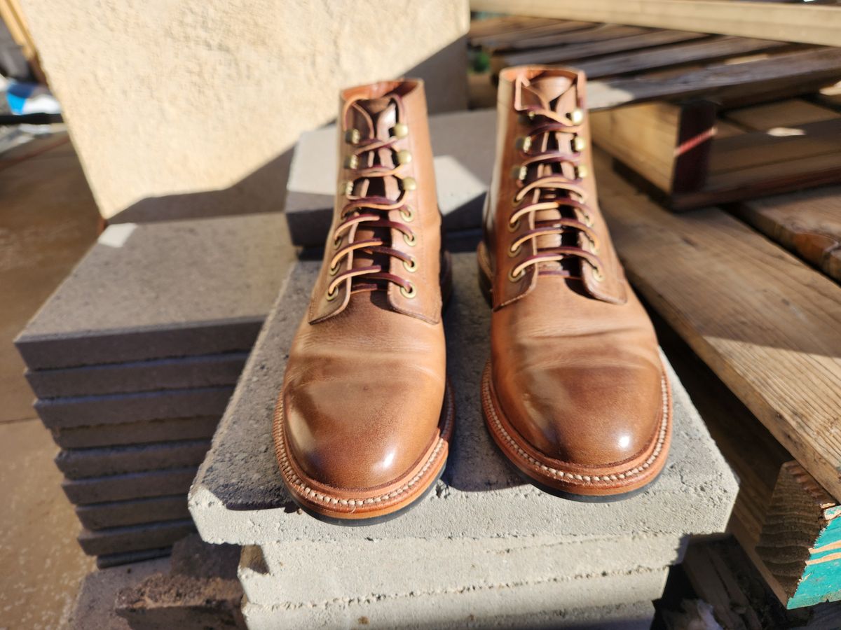 Photo by Chris2Fur on December 19, 2025 of the Grant Stone Diesel Boot in Horween Dune Chromexcel.