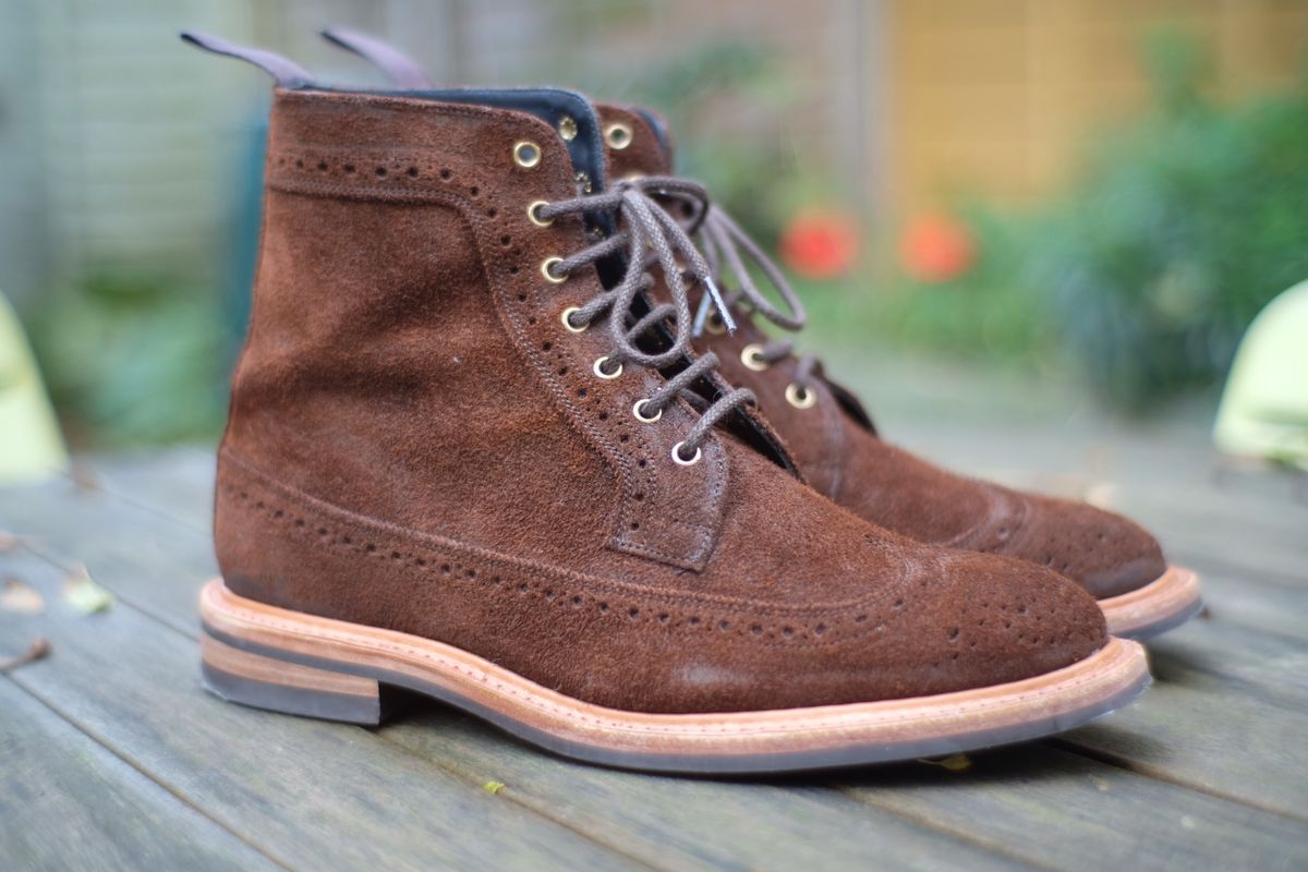Photo by claus on October 12, 2024 of the Tricker's Simon Longwing Brogue Boot in C.F. Stead Ridge Waxed Reverse Suede.