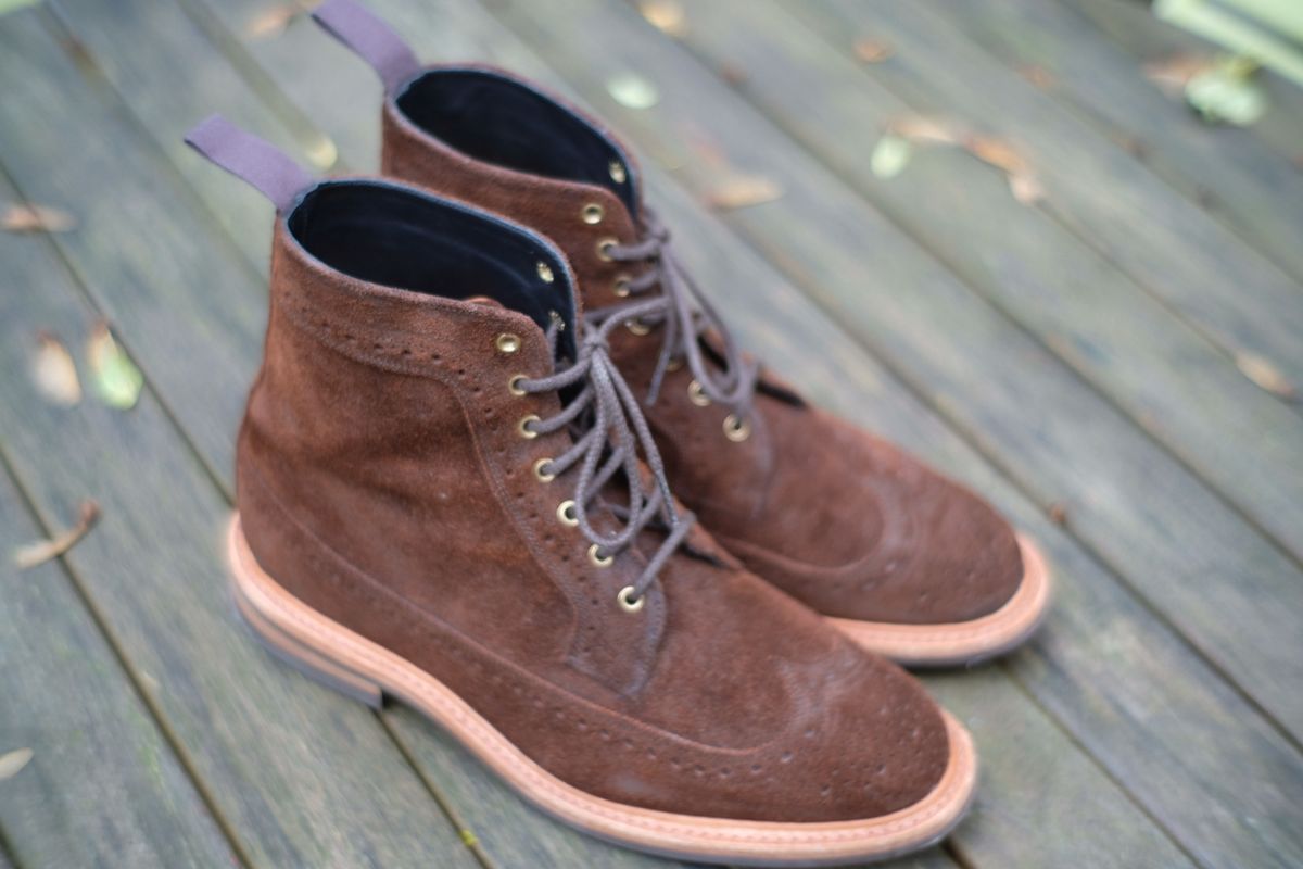 Photo by claus on October 12, 2024 of the Tricker's Simon Longwing Brogue Boot in C.F. Stead Ridge Waxed Reverse Suede.