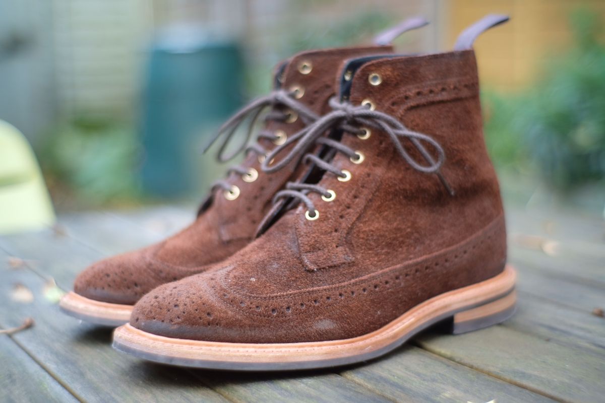 Photo by claus on October 12, 2024 of the Tricker's Simon Longwing Brogue Boot in C.F. Stead Ridge Waxed Reverse Suede.