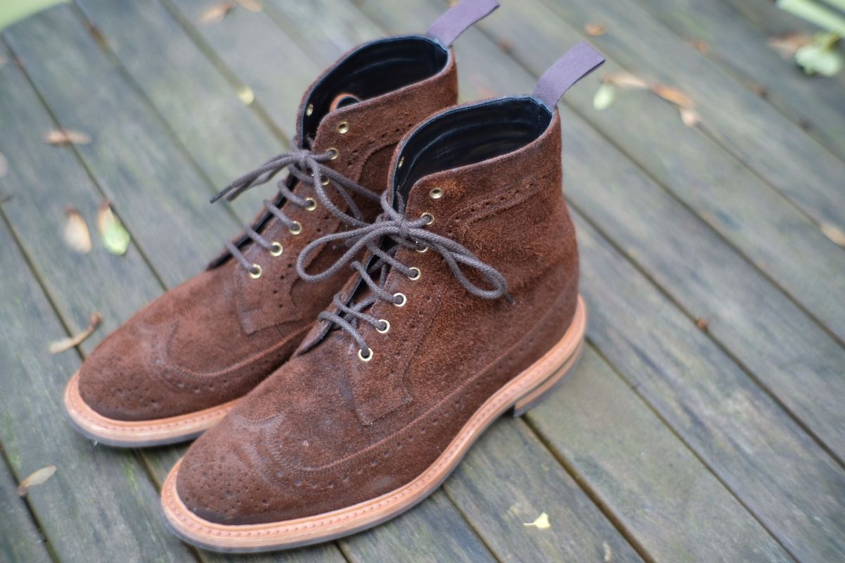 Photo by claus on October 12, 2024 of the Tricker's Simon Longwing Brogue Boot in C.F. Stead Ridge Waxed Reverse Suede.