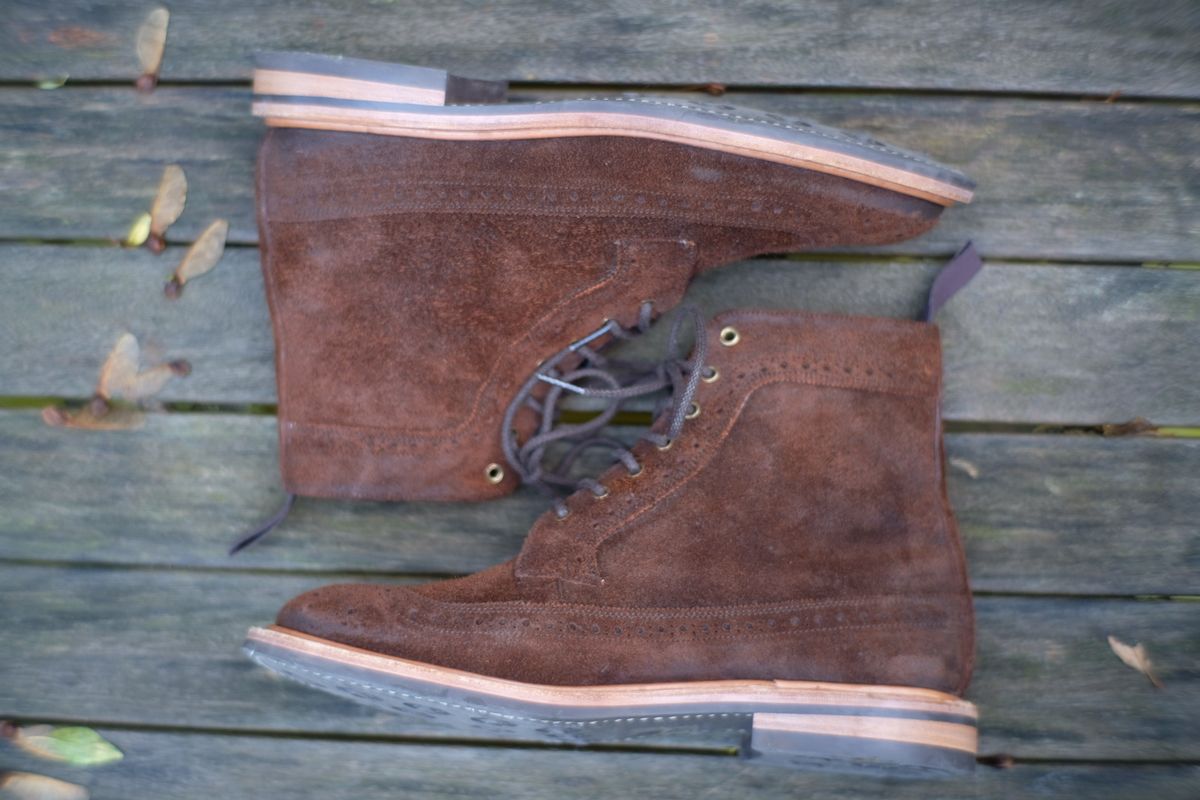 Photo by claus on October 12, 2024 of the Tricker's Simon Longwing Brogue Boot in C.F. Stead Ridge Waxed Reverse Suede.