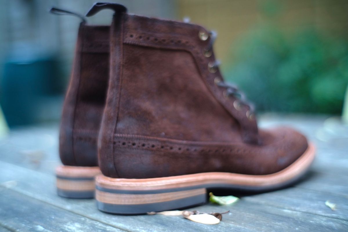 Photo by claus on October 6, 2024 of the Tricker's Simon Longwing Brogue Boot in C.F. Stead Ridge Waxed Reverse Suede.