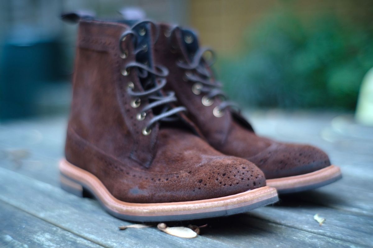 Photo by claus on October 6, 2024 of the Tricker's Simon Longwing Brogue Boot in C.F. Stead Ridge Waxed Reverse Suede.