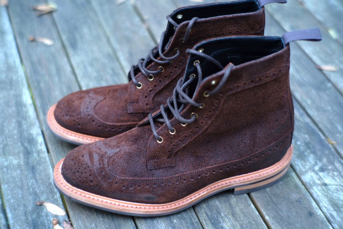Photo by claus on October 6, 2024 of the Tricker's Simon Longwing Brogue Boot in C.F. Stead Ridge Waxed Reverse Suede.