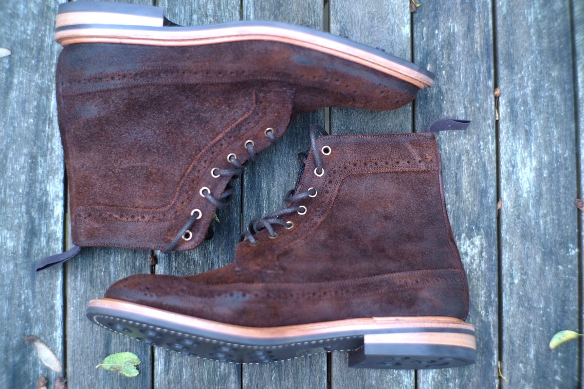 Photo by claus on October 6, 2024 of the Tricker's Simon Longwing Brogue Boot in C.F. Stead Ridge Waxed Reverse Suede.