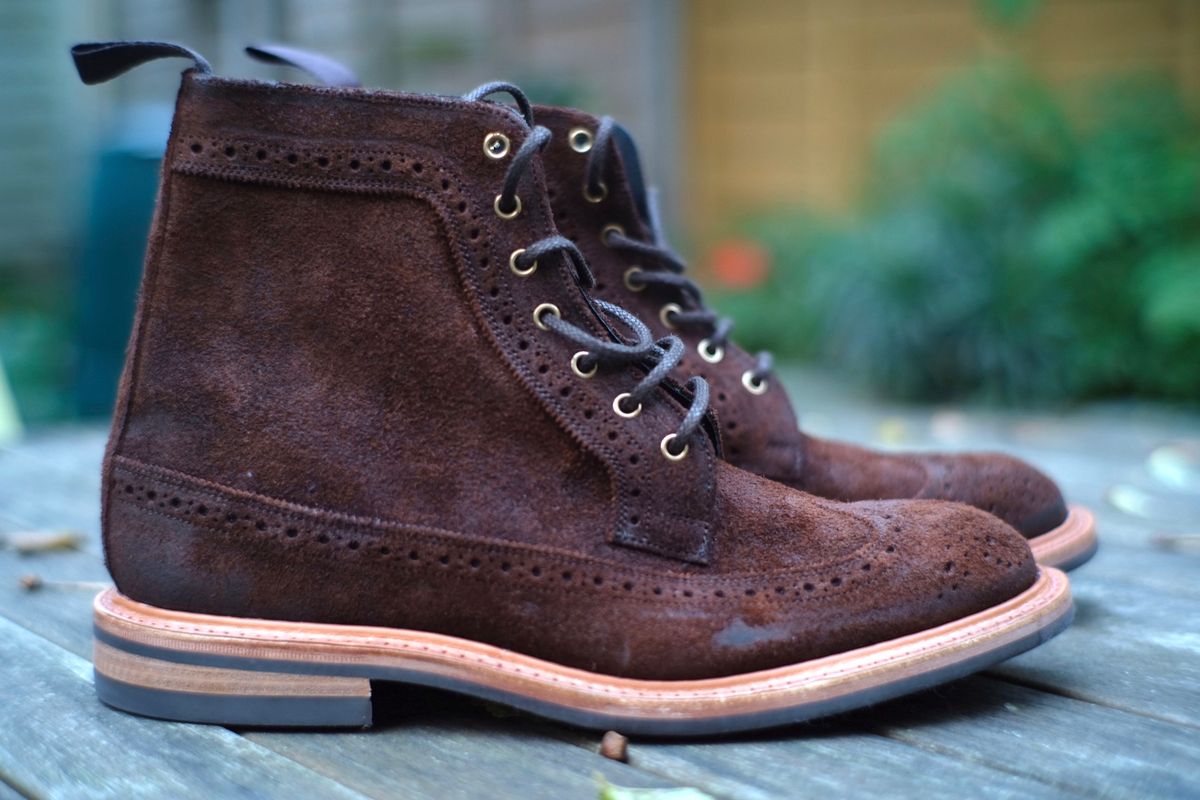 Photo by claus on October 6, 2024 of the Tricker's Simon Longwing Brogue Boot in C.F. Stead Ridge Waxed Reverse Suede.