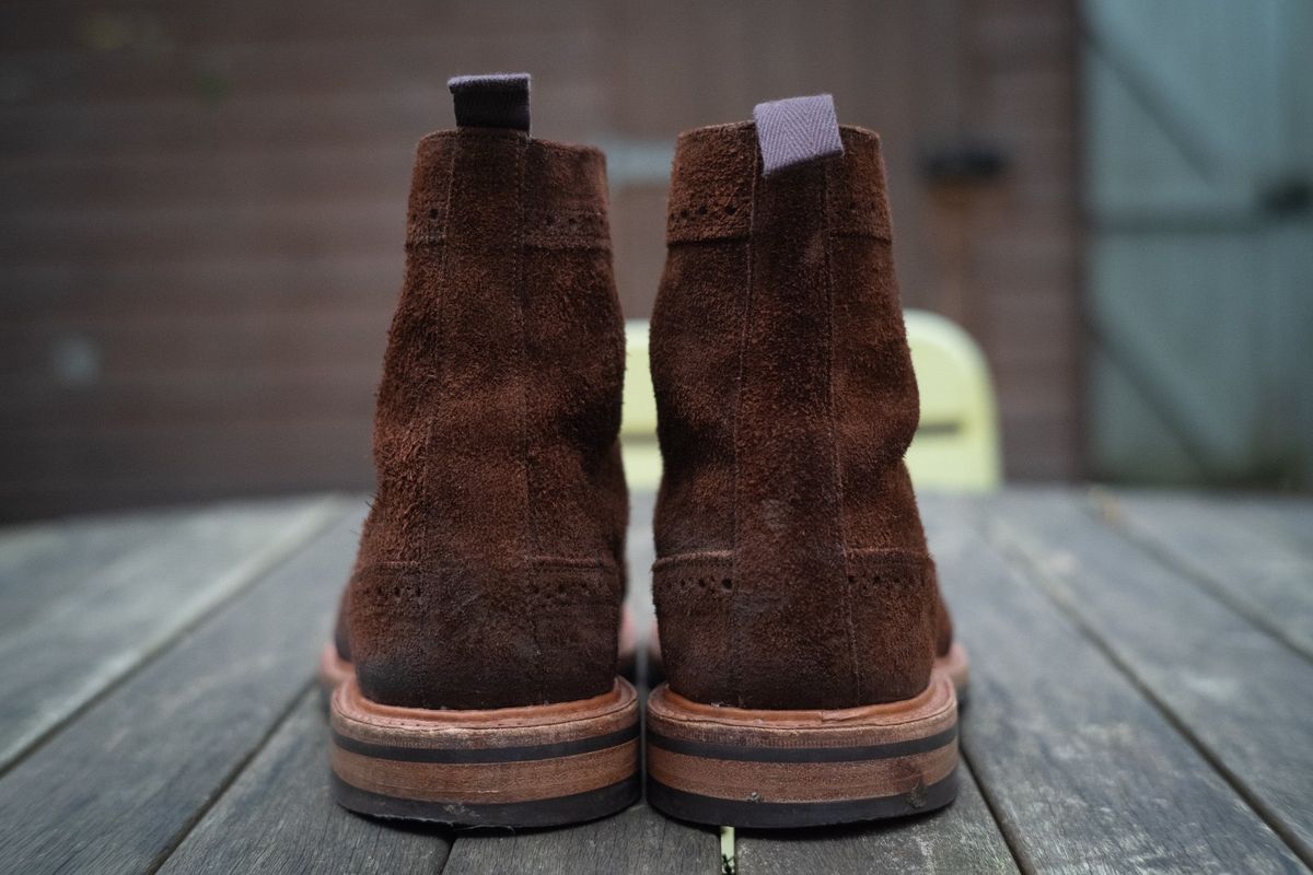 Photo by claus on November 3, 2024 of the Tricker's Simon Longwing Brogue Boot in C.F. Stead Ridge Waxed Reverse Suede.