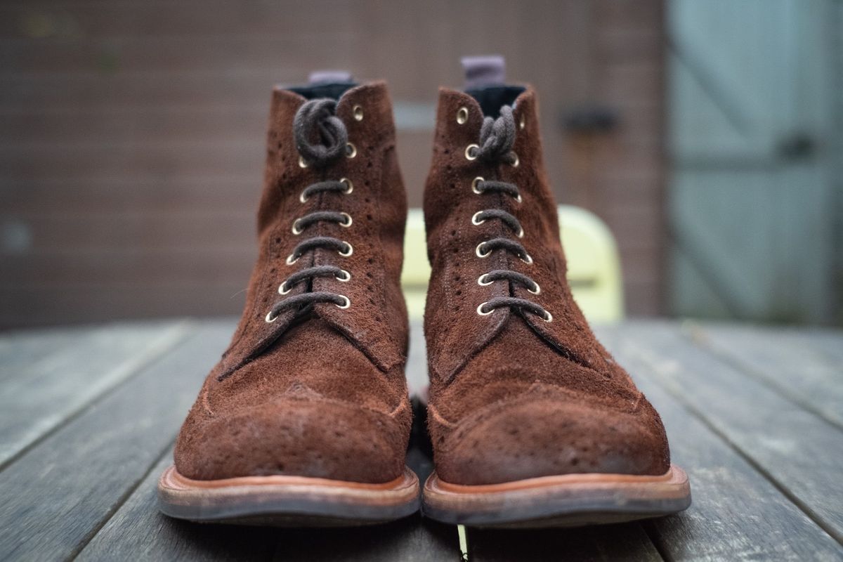 Photo by claus on November 3, 2024 of the Tricker's Simon Longwing Brogue Boot in C.F. Stead Ridge Waxed Reverse Suede.