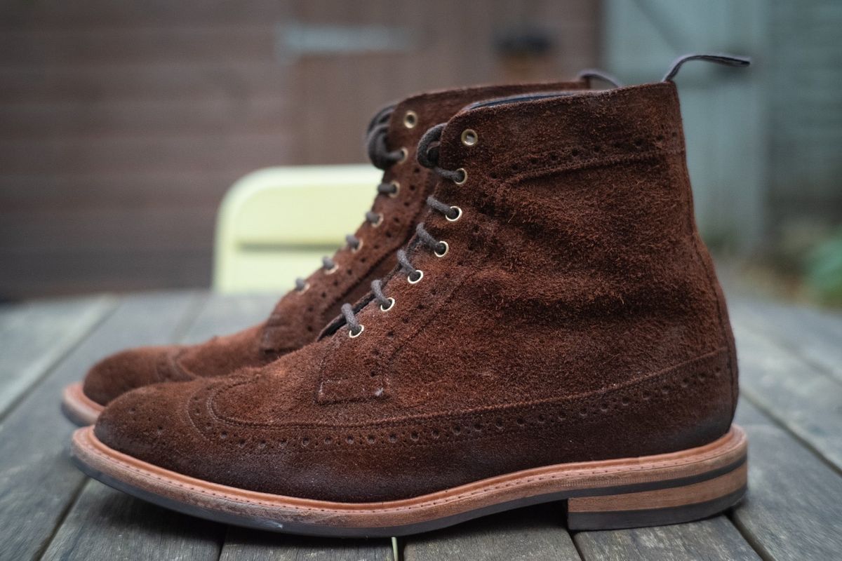 Photo by claus on November 3, 2024 of the Tricker's Simon Longwing Brogue Boot in C.F. Stead Ridge Waxed Reverse Suede.