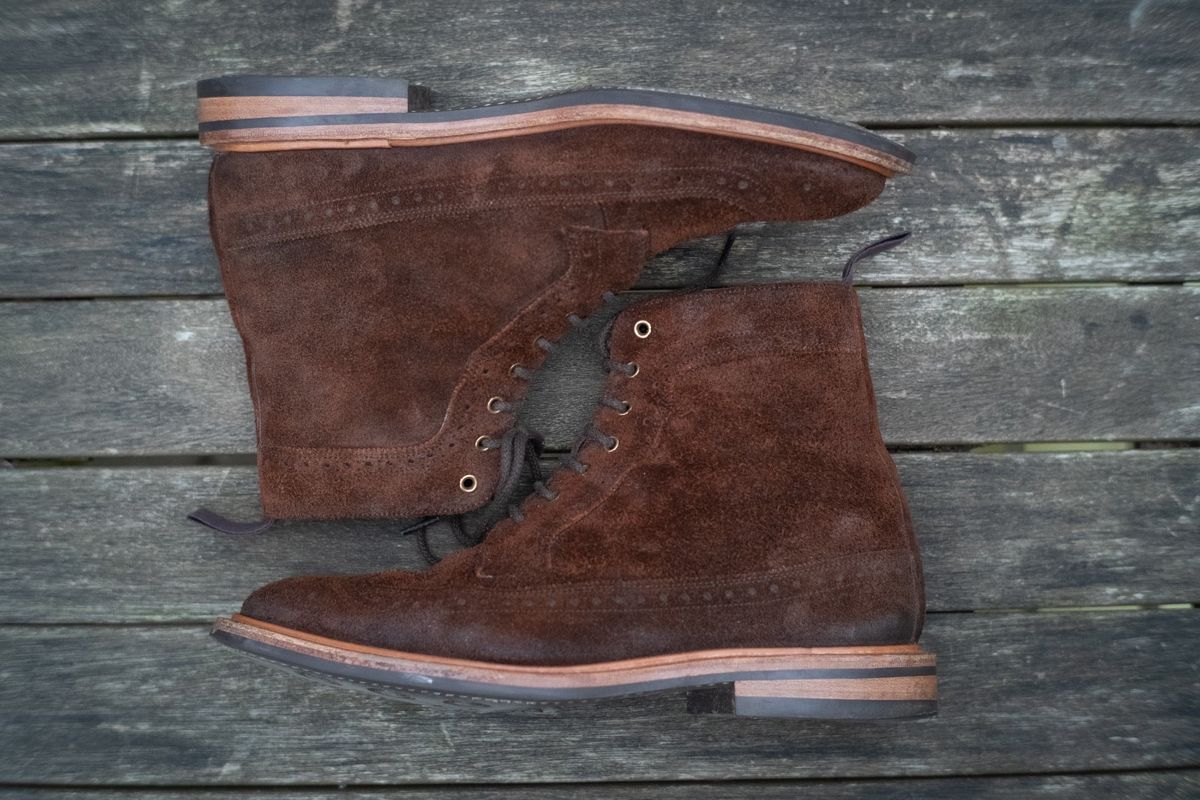Photo by claus on November 3, 2024 of the Tricker's Simon Longwing Brogue Boot in C.F. Stead Ridge Waxed Reverse Suede.