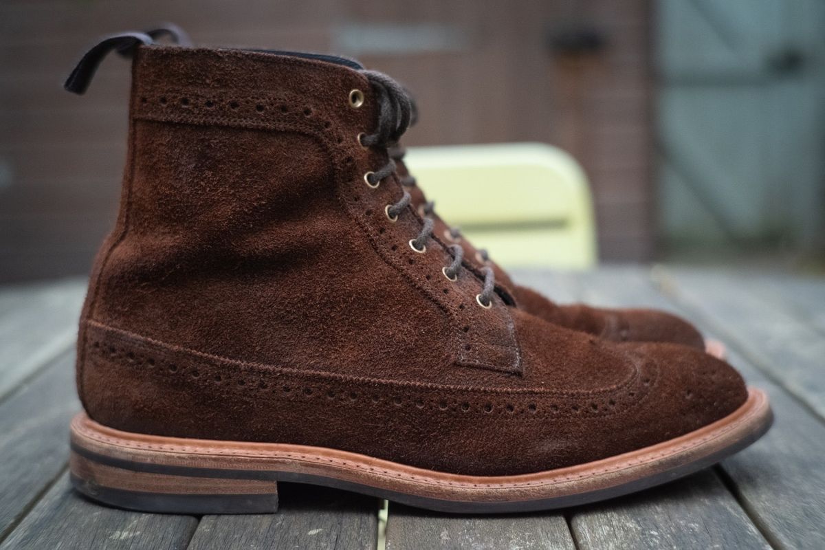 Photo by claus on November 3, 2024 of the Tricker's Simon Longwing Brogue Boot in C.F. Stead Ridge Waxed Reverse Suede.